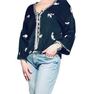 Womens Zara Blouse Black Silky asian inspired design embroidered in ivory V Neck